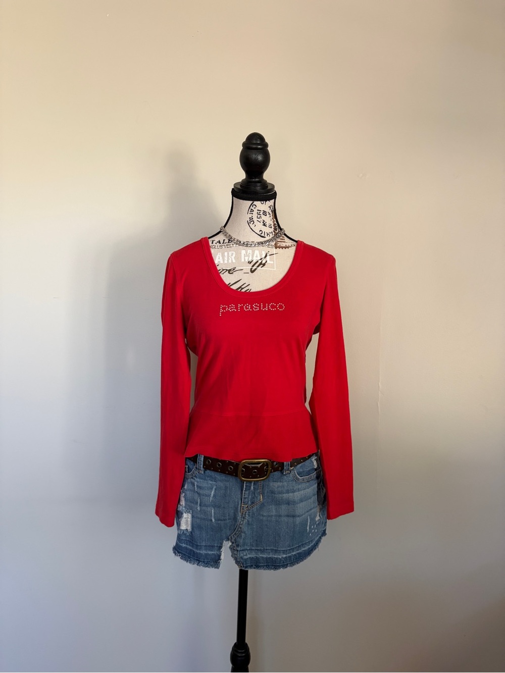 Y2K 2000s Parasuco Girly Mall Girl Red Rhinestone Long Sleeve Top